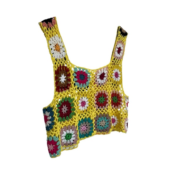 VTG Crochet Granny Square Crop Tank Top Multicolor Boho Festival Size Small - Picture 5 of 6
